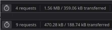 Two lines of browser data transfer stats. First line: 4 requests, 1.56 MB / 359.06 kB transferred. Second line: 9 requests, 470.28 kB / 188.74 kB transferred.